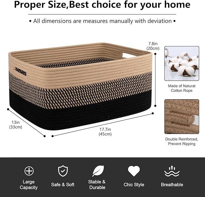 Large Storage Basket for Organizing, Woven Rope Basket for Shelves, Closet Organizer Bins for Clothes, Blanket, Toys, Baby Nursery Storage, 17.7