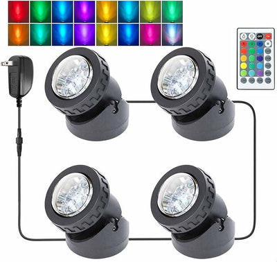 RGB Pond Lights, LED Fountain Light with Timer, Colored Underwater Fountain Lights Dim Adjustable Memory Spotlights for Outdoor Landscape Pond Fountain Waterfall, 4 in Set