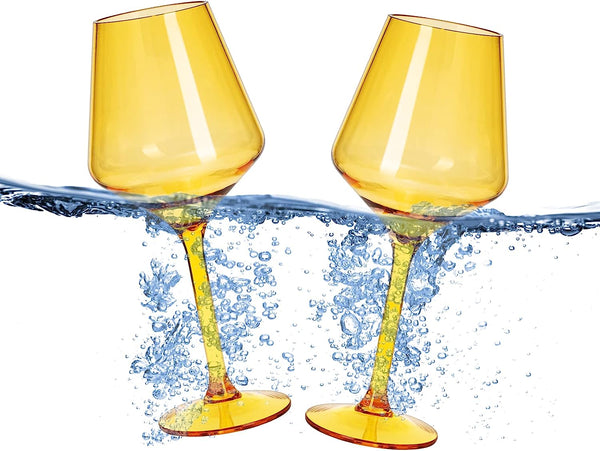 Floating Wine Glasses for Pool - Set of 2-15 OZ Shatterproof Poolside Wine Glasses, Tritan Plastic Reusable Stemware, Beach Outdoor Cocktail, Wine, Champagne, Water Glassware Spring Summer (Yellow)