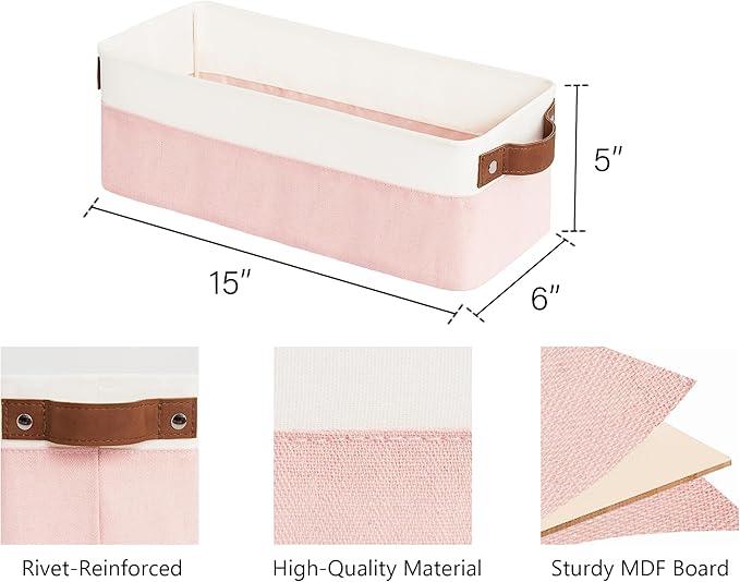 StorageWorks Narrow Storage Bins, Small Basket for Closet and Shelves, Fabric Organizer with Handles, Toilet Paper Storage, Pink and White, 2-Pack