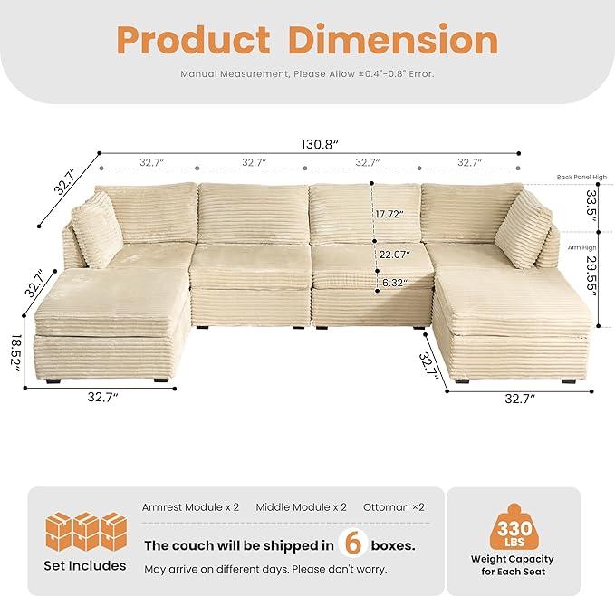 HOOOWOOO Modular Sectional Sofa,6 Pieces Sectional Couches for Living Room,131X66 L Shaped Cloud Couch with Ottoman Chaise Set(Beige Velvet Corduroy)