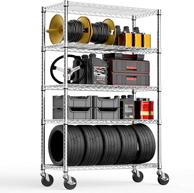 5-Shelf Storage Shelves,Wire Shelving Heavy Duty Metal Storage Shelving Unit Adjustable Garage Shelving Rack Pantry Kitchen (Chrome, 5 Tier,17.7