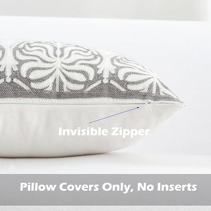 HWY 50 Grey Gray Decorative Lumbar Pillow Cover Rectangle 12x20 Inch (1 Piece), Embroidered Cotton Farmhouse Cushion Cover Pillow Case for Sofa Couch Living Room Bed, Minimalist Floral