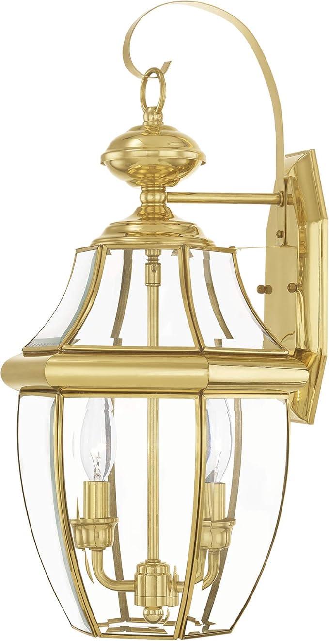 Livex Lighting 2251-02 Monterey 2 Light Outdoor Polished Brass Finish Solid Brass Wall Lantern with Clear Beveled Glass, 20.25