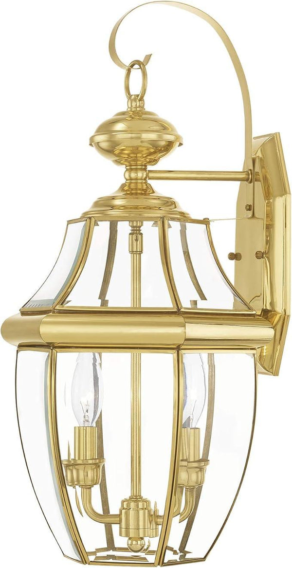 Livex Lighting 2251-02 Monterey 2 Light Outdoor Polished Brass Finish Solid Brass Wall Lantern with Clear Beveled Glass, 20.25