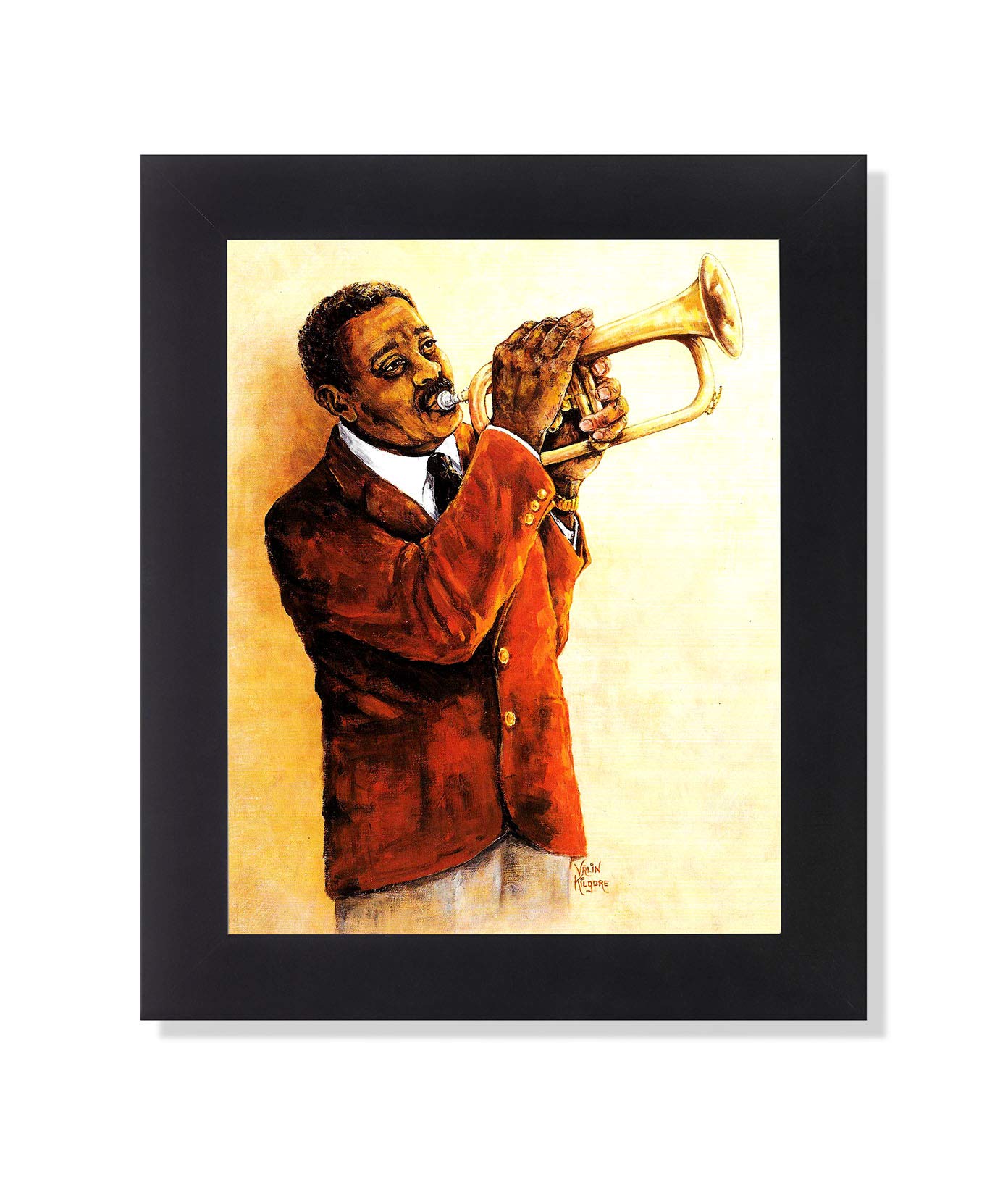 Framed Art Print - African American Jazz Trumpet Player 8x10 Black Wood Frame