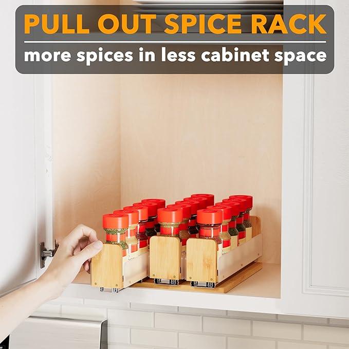 SpaceAid Bamboo Pull Out Spice Rack Organizer for Cabinet, Heavy Duty Slide Out Seasoning Kitchen Pantry Sliding Vertical Organization, 7.6