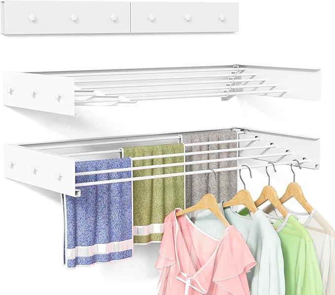 Wall Mounted Drying Rack for Laundry 40'', Folding Drying Rack Clothing Wall Mount with 5 Rods and 6 Hooks, Space Saving for Indoor Outdoor Bathroom Balcony (White, 40'')