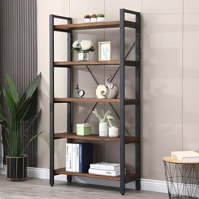 5 Tier Bookcase, Solid Wood Bookshelf Rustic Vintage Industrial Etagere Bookcase, Metal and Wood Free Vintage Bookshelf, Retro Brown (Real Wood) (5-Tiers)