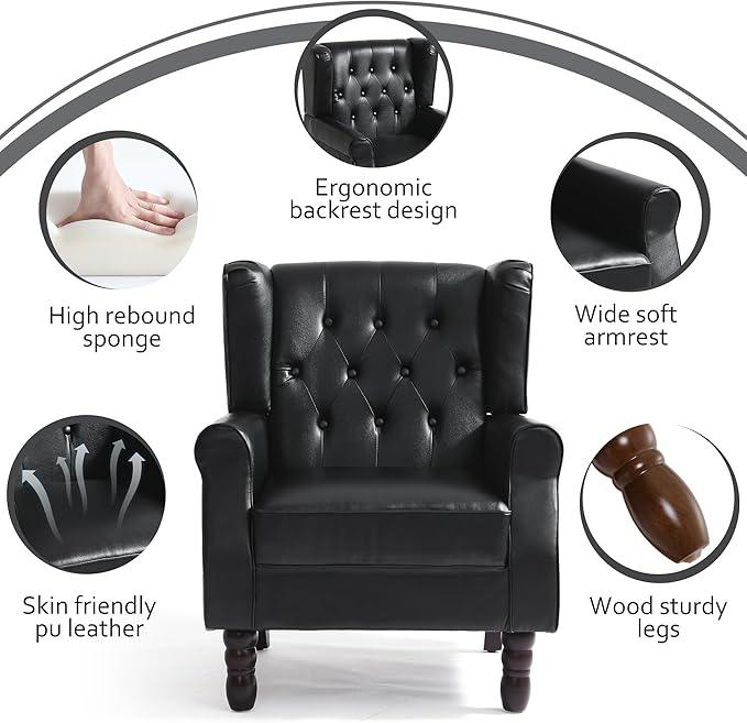High Back Accent Chairs Set of 2,Upholstered Faux Leather Wingback Armchairs with Solid Wood Legs for Small Spaces,Comfy Single Sofa Chairs for Living Room,Bedroom-Carbon Black