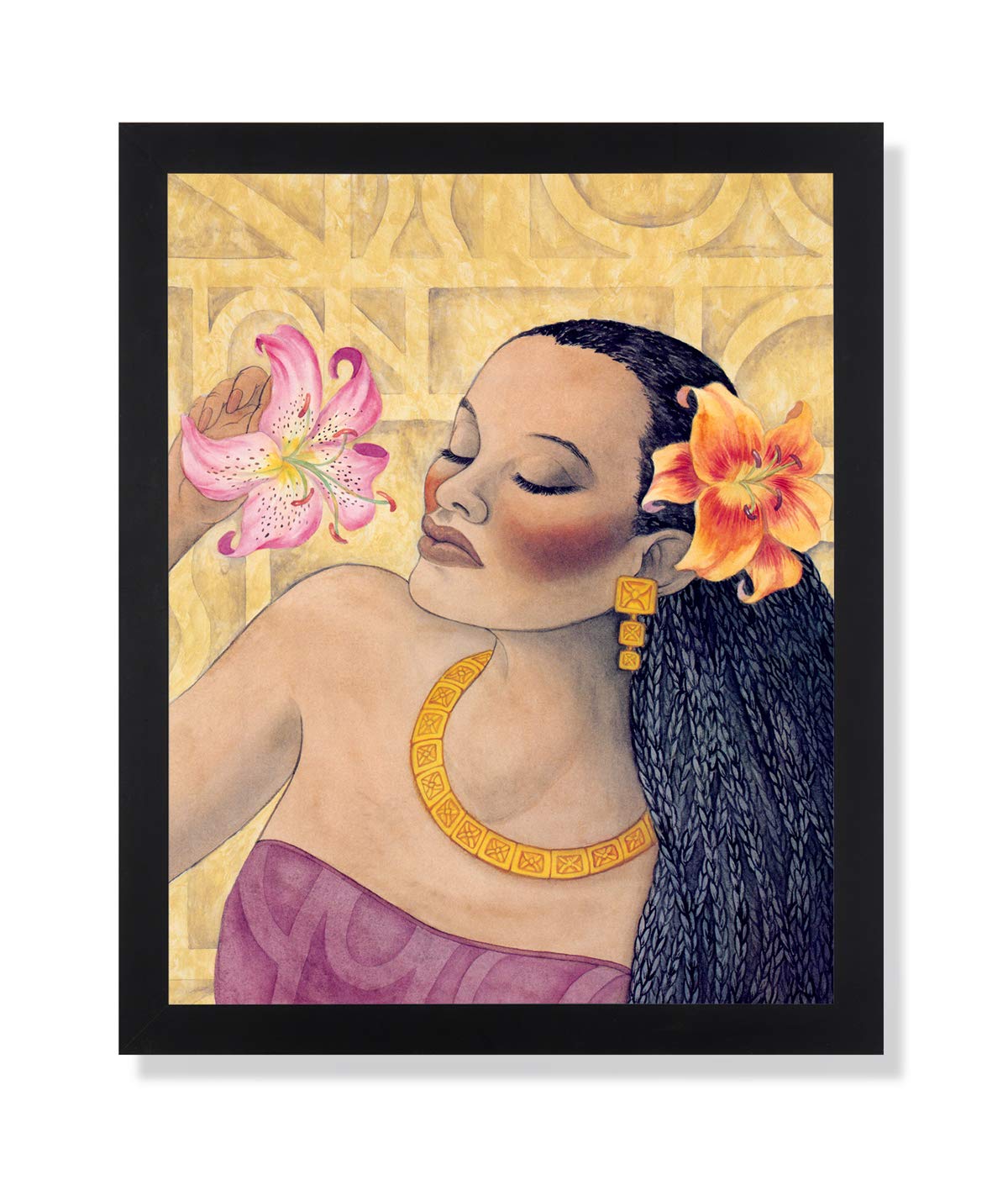 Black Framed Art Print – African American Girl Flower Artwork in Solid Wood Frame