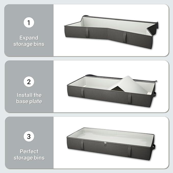 2-Pack Under Bed Storage, 6 Inches Tall Closet Organizers and Storage Bins with Sturdy Sidewalls/Bottom/4 Handles, Black