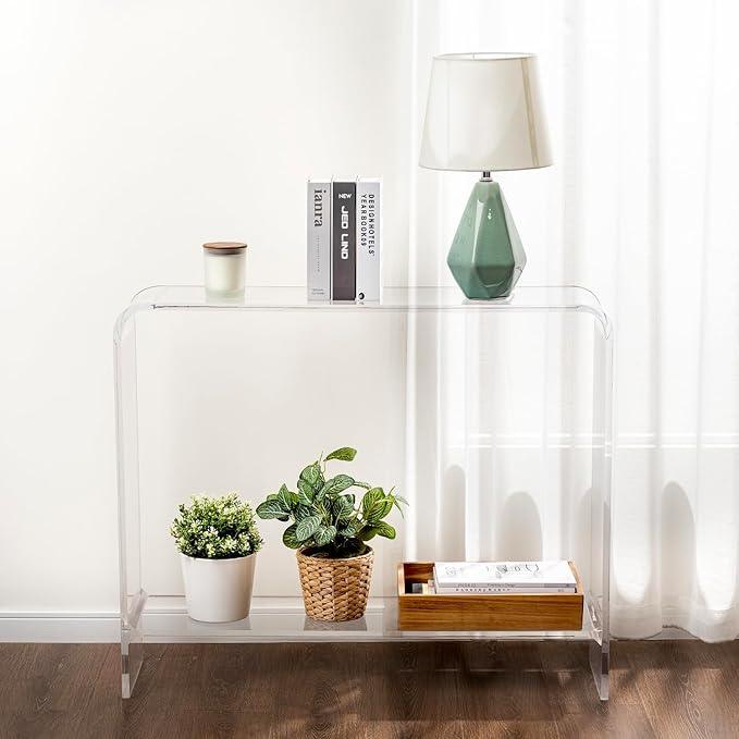 MyGift Premium 15mm Clear Acrylic Entryway Console Table with Bottom Display Shelf, 2 Tier Living Room Sofa Back Storage Shelves Modern Luxury Home Decor