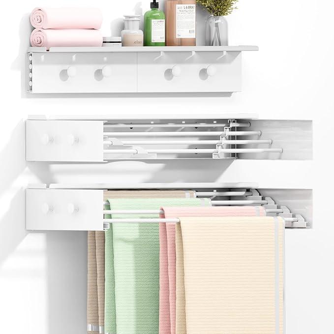 Wall Mounted Drying Rack with 4 Hooks and Shelf, Foldable Clothes Drying Rack for Laundry Room, Collapsible Laundry Rack Wall Mount, for Indoor Outdoor Hanging Clothes, 23.6 Inch