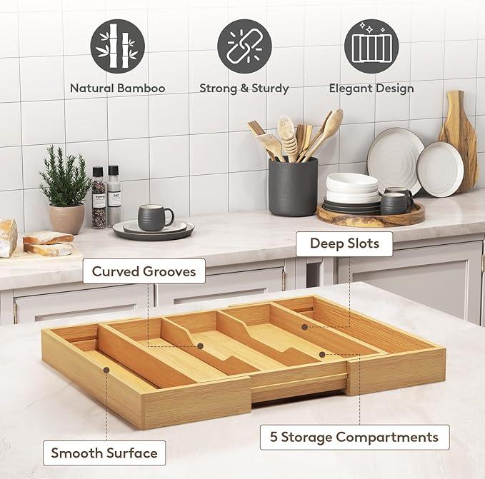 Lifewit Utensil Organizer for Kitchen Drawer, Expandable Cooking Utensil Tray, Bamboo Cutlery Silverware Flatware Holder, Adjustable Spatula Tools and Gadgets Storage Divider, Large, Natural