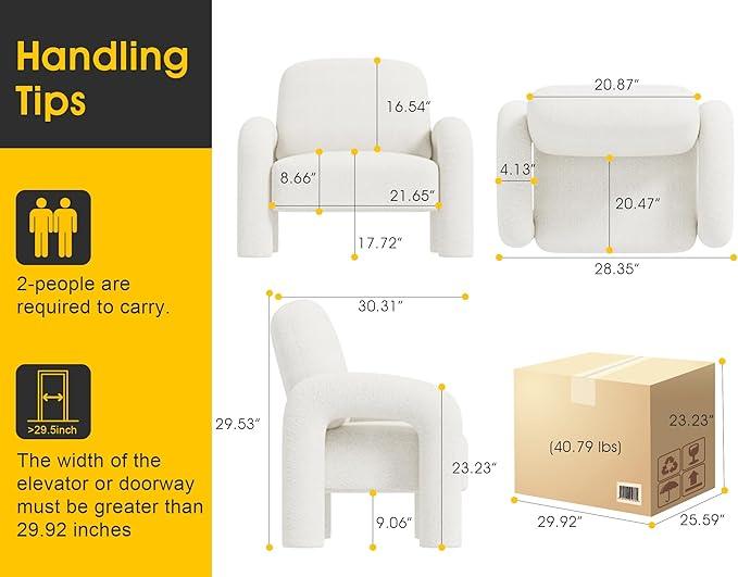 Modern Sherpa Accent Chair, Teddy Upholstered Arm Single Sofa, Cozy Fluffy Reading Chair for Living Room, Bedrooms, Corner (Cream White)