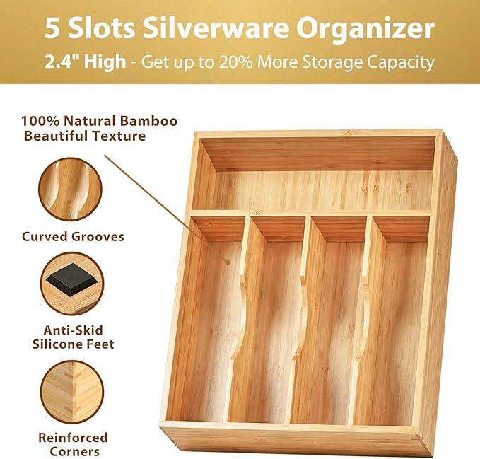Umilife Bamboo Kitchen Drawer Organizer, 11 Inch Silverware Utensils Tray Holder with Grooved Dividers, 2.4