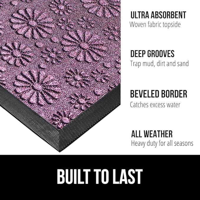 GORILLA GRIP 100% Waterproof All-Season WeatherMax Doormat, 23x35, Durable Natural Rubber, Stain and Fade Resistant, Low Profile, Indoor Outdoor Doormats, Easy Clean Entry Mat, Purple Confetti Daisy