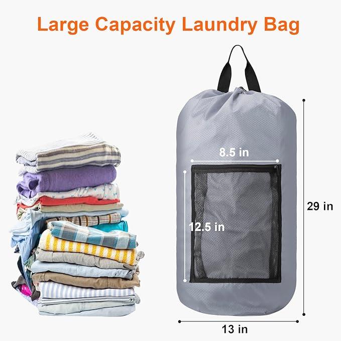 Laundry Bag Backpack Durable Laundry Bag with Shoulder Straps and Mesh Pockets Portable Laundry Dirty Clothes Hamper Bag for College Dorm (Gray)
