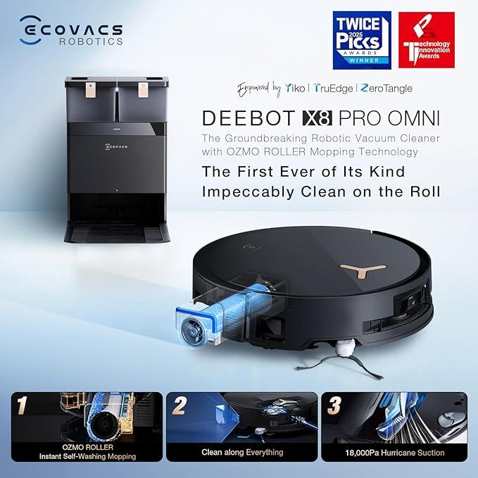 ECOVACS DEEBOT X8 PRO OMNI Robot Vacuum and Mop, 18000Pa, OZMO ROLLER Instant Self-Washing Mopping, 167℉ Hot Water Mop Washing, Auto Cleaning Solution Adding, Hot Air-Drying, Self-Emptying, Black