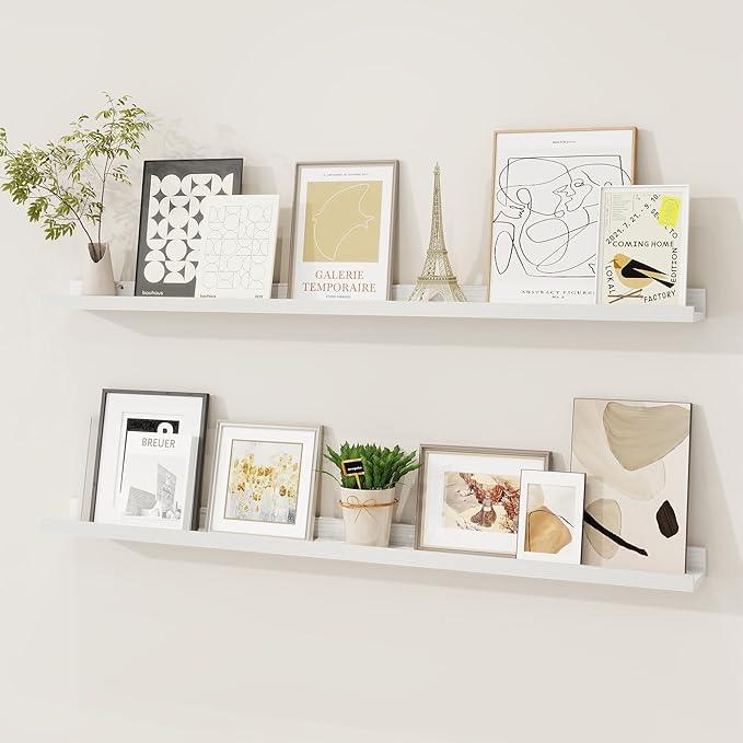 Picture Ledge Shelf, Solid Pine Wood Floating Shelves Set of 2, 40 Inches Nursery Book Shelves for Toys Storage, Kids Bookshelf Wall Mounted for Living Room Bedroom Decor Books Photo Frames, White