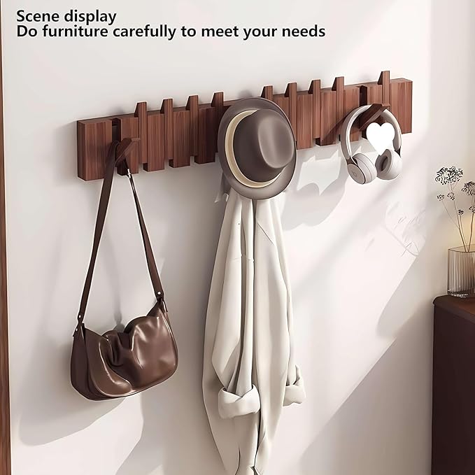 Wall Mounted Piano Key Hanger | Flip Style Hook | Entrance Wall Art Hook, Made of Oak Wood (3 Times Painted, 4 Times Polished) (Walnut, 10Hooks)