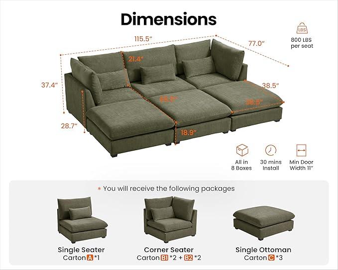 Oversized Modular Sofa, Extra Deep Cloud Chenille Sectional Couch with Ottoman Chaise, Fluffy Chenille 6 Seater Couch Bed for Living Room, Villa (Sofa Bed 6 Seater, Chenille Green)