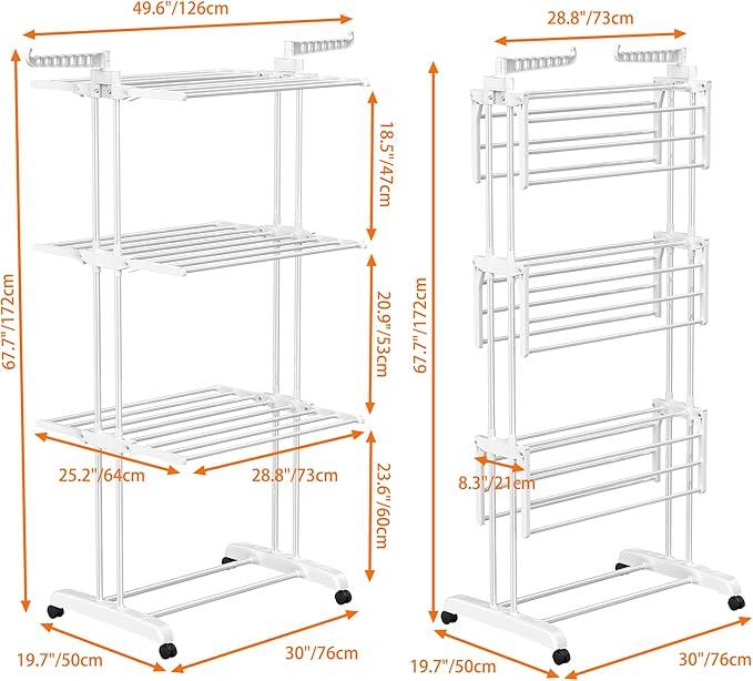 HOMIDEC Clothes Drying Rack, Large 4-Tier Foldable Drying Rack Clothing(67.7H x 19.7W x 30L Inches), Movable Drying Rack with 4 castors. Multifunctional Stainless Steel Laundry Drying Rack, White