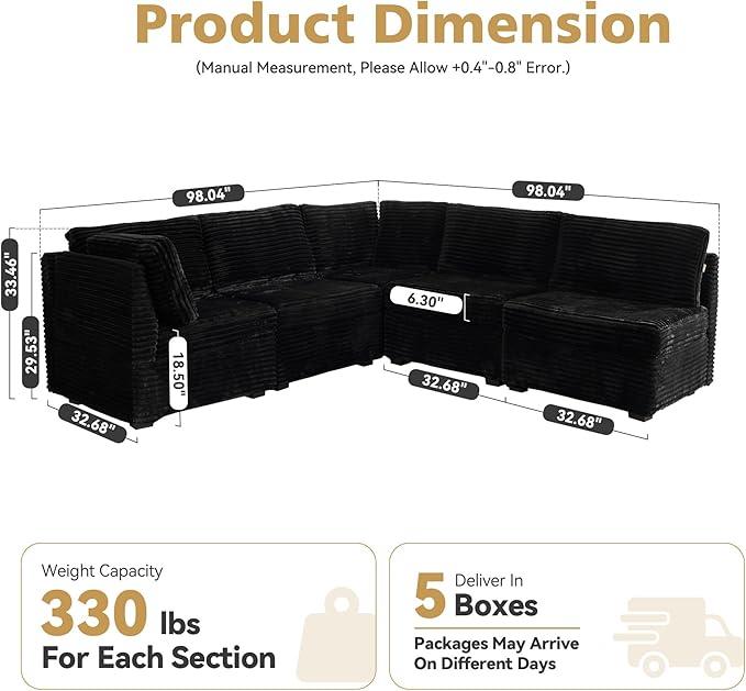 Modular Sectional Sofa with Chaise U Shaped Sectional Couch for Living Room, 5-Seater Comfy Cloud Couches, Plush Corduroy, Black