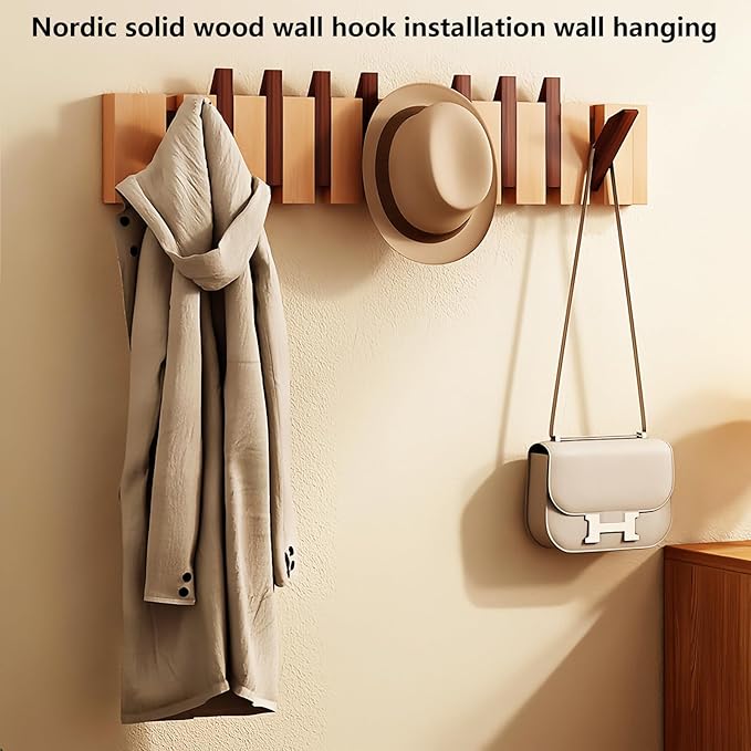 Wall Mounted Piano Key Hanger | Flip Style Hook | Entrance Wall Art Hook, Made of Oak Wood (3 Times Painted, 4 Times Polished) (Walnut-Beech, 4Hooks)