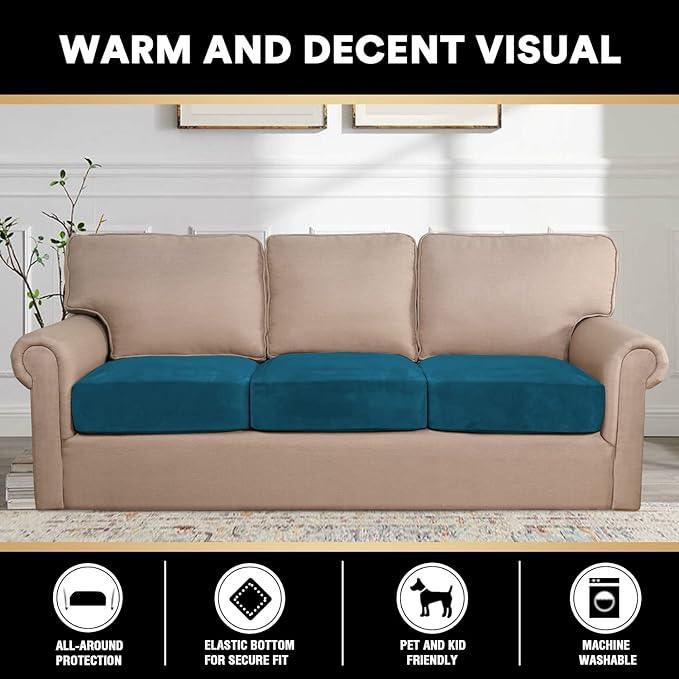 PrinceDeco Stretch Sofa Cushion Covers for Couches and Sofas,Soft Velvet Couch Seat Covers, Sofa Covers Washable, Seat Cushion Cover for 3 Couch Sofa Pet Friendly - Deep Teal, Each Width Up to 29.5