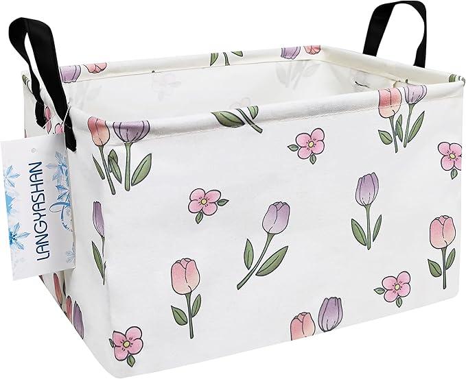 LANGYASHAN Rectangular Storage Bin Collapse Canvas Fabric Cartoon Storage Basket with Handles for Organizing Home Kitchen Boys and Girls Toys Office Closet Shelf Baskets (Rec Romantic Tulip)