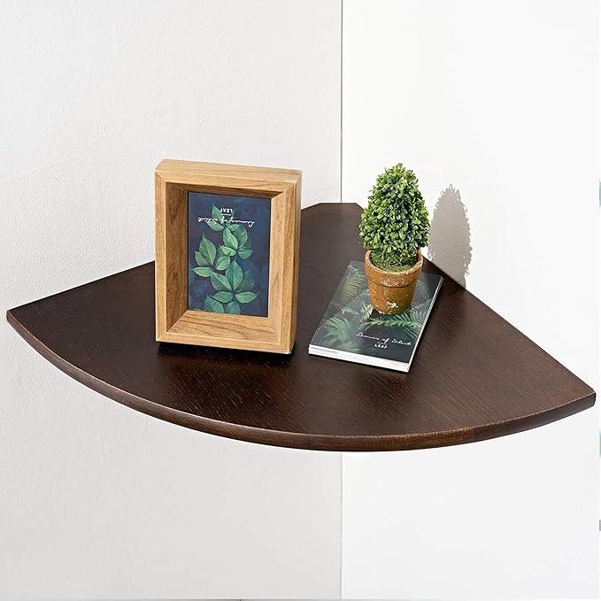 Corner Shelf,14inch Walnut Solid Wood Floating Corner Shelves Wall Mount Round End Floating Speaker Rack with Wire Hole for Small Plant for Bedroom Kitchen, Living Room