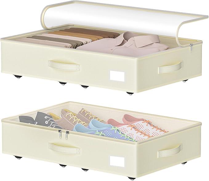 Under Bed Storage with Wheels, No Assemble Required 5.5 inches height beige under bed storage bins,Low Profile Rolling Under bed Shoe Storage containers，dorm under bed storage drawers