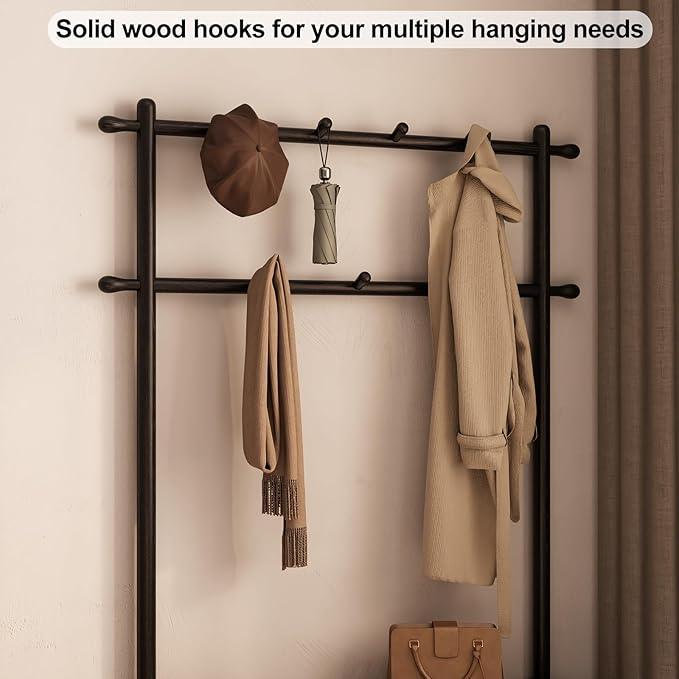Coat Rack with Shoe Storage, Wooden Hall Tree with Bench, 11 Hooks and 2-Tier Storage Shelves, 3-in-1, Entryway Bench with Coat Rack (39.3