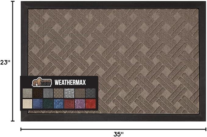 GORILLA GRIP 100% Waterproof All-Season WeatherMax Doormat 35x23, US Designed Natural Rubber, Stain and Fade Resistant, Low Profile Indoor Outdoor Door Mats, Easy Clean Patio Mat, Taupe Basket Weave