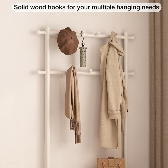 Coat Rack with Shoe Storage, Wooden Hall Tree with Bench, 11 Hooks and 2-Tier Storage Shelves, 3-in-1, Entryway Bench with Coat Rack (31.5