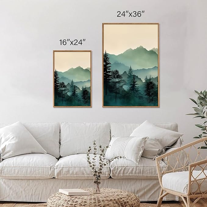 SIGNINART Large Mountain Framed Canvas Wall Art Set, Abstract Misty Forest Wall Decor, Foggy Nature Pine Tree Wall Painting, Modern Boho Sunrise Art Prints for Bedroom Living Room and Office 24