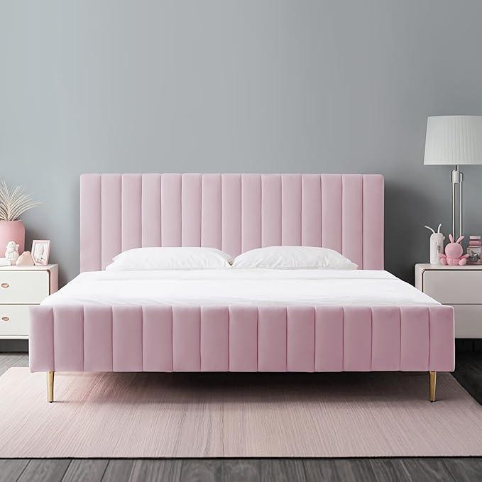 Livinia King Size Elton Velvet Platform Bed, Upholstered Bed Frame with Vertical Channel Tufted Headboard Footboard, Strong Wood Slats, No Box Spring Needed, Pink (King)