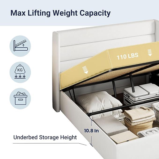 Allewie Queen Size Velvet Lift Up Storage Bed, Modern Wingback Headboard, Hydraulic Support, No Box Spring Needed, White