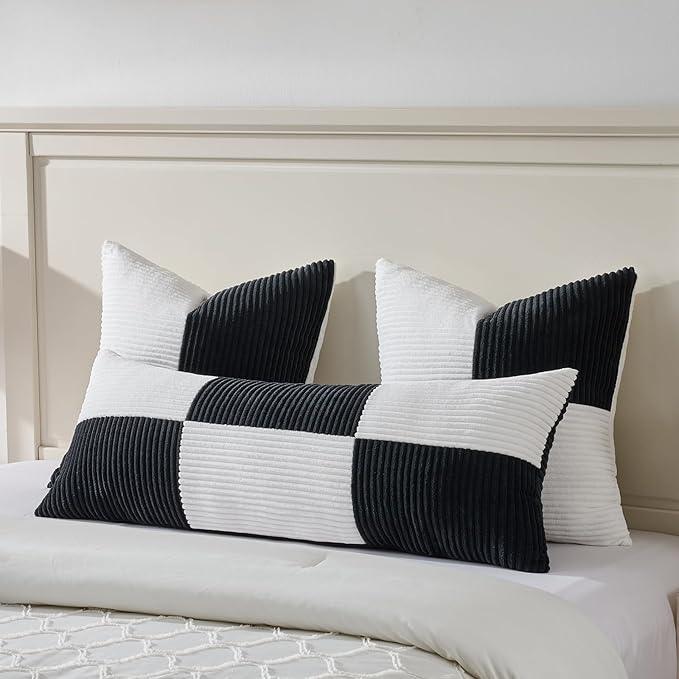 Fancy Homi Set of 2 Black White Decorative Throw Pillow Covers 20x20 Inch for Living Room Couch Bed Sofa, Farmhouse Boho Home Decor, Soft Cross Corduroy Patchwork Accent Square Cushion Case 50x50 cm