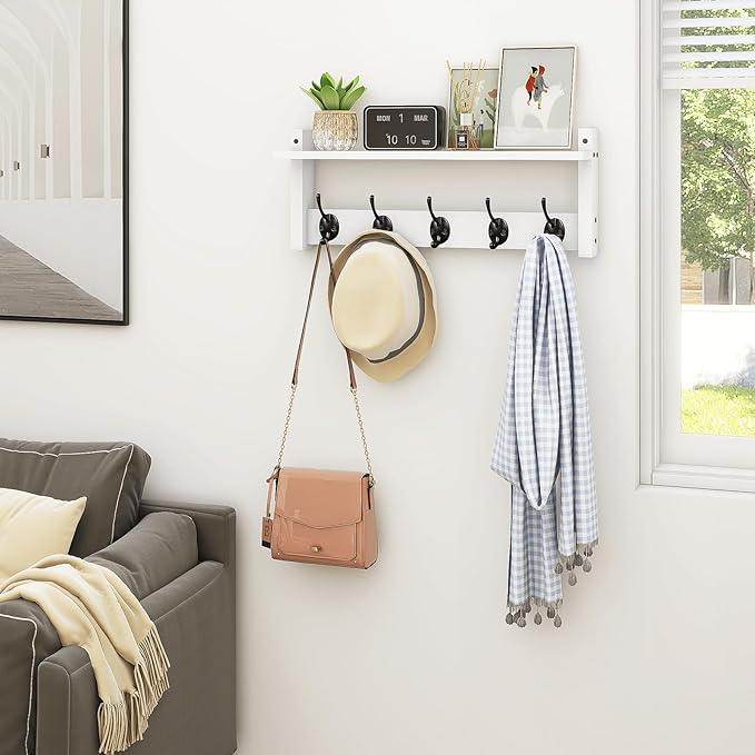 Homode Wall Shelf with Hooks, Coat Rack Wall Mount with Pegs, Hanging Entryway Coat Hanger, Wood and Iron Shelf for Bathroom, Hallway, Bedroom, White