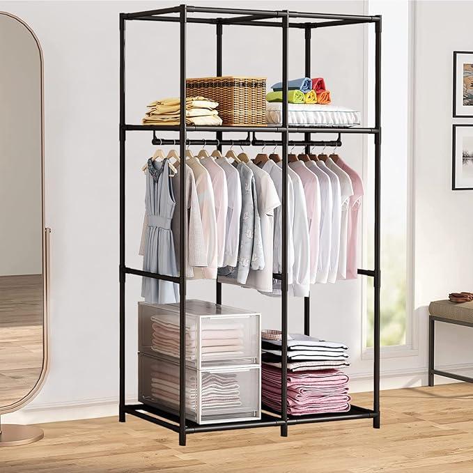 SORCEDAS Portable Wardrobe Closet Storage Organizer Metal Hanging Rack Non-Woven Fabric 34 Inch Grey