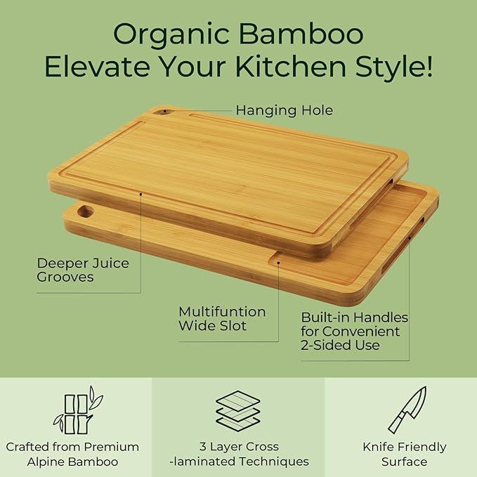 Wood Cutting Board for Kitchen - Reversible Bamboo Cutting Boards Gift Set of 3 with Juice Groove, Wooden Chopping Board for Meat, Fruit, Vegetables & Cheese (Pre Oiled, Natural)
