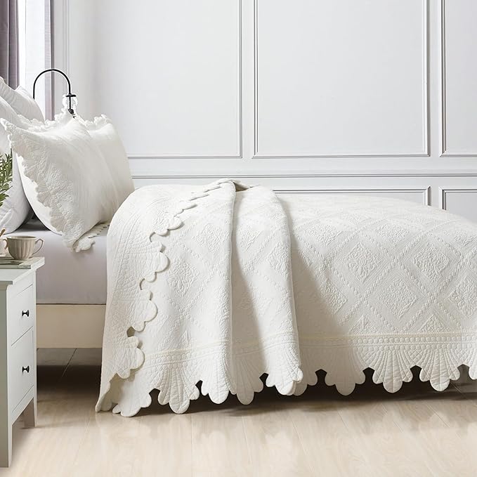 MarCielo 3-Piece 100% Cotton Oversized Bedspread Lightweight Quilt Coverlet Embroidery Farmhouse Bedding Set (TK White, Oversized King (118
