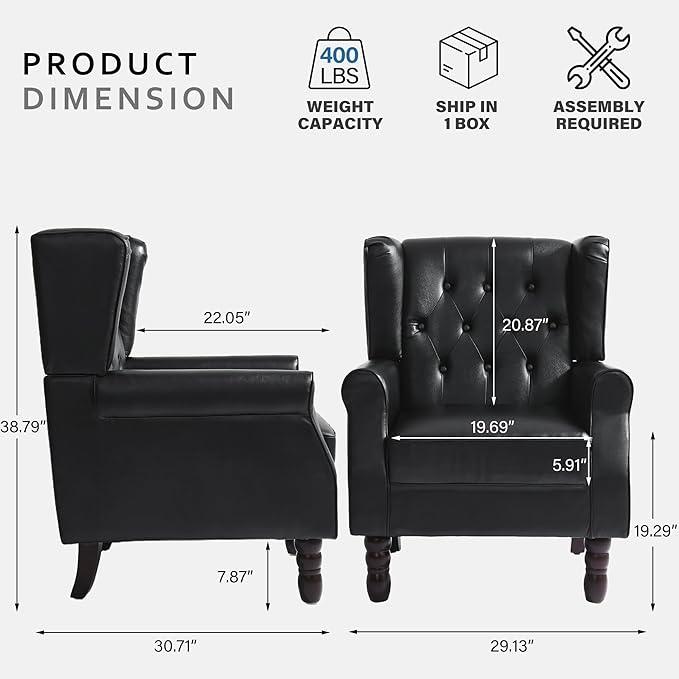 High Back Accent Chairs Set of 2,Upholstered Faux Leather Wingback Armchairs with Solid Wood Legs for Small Spaces,Comfy Single Sofa Chairs for Living Room,Bedroom-Carbon Black