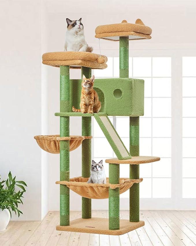 Taoqimiao Cactus Cat Tree, 57.5-Inch Cat Tower for Indoor Cats Large Adult, Extra Large Cat Condo, 8 Sisal Scratching Posts, Metal Frame Cozy Hammock, Durable Scratch Board, 2 Top Perches, MSC026