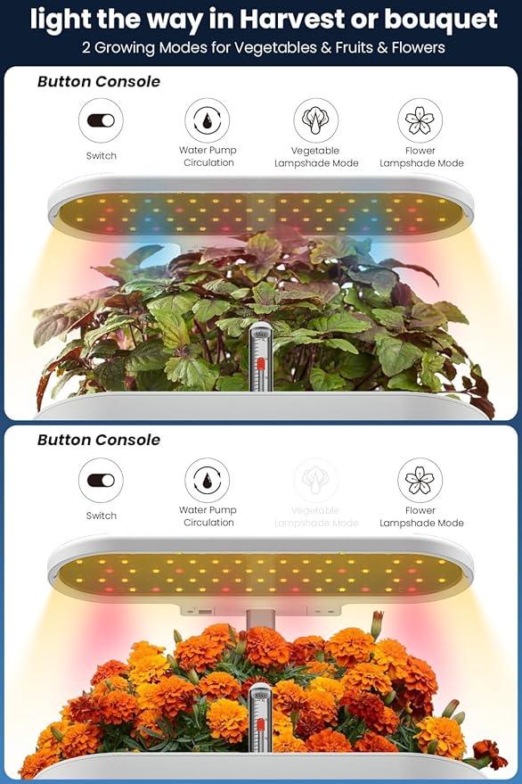 inBloom 12 Pods Hydroponics Growing System Indoor Garden with LED Grow Light and Pod Kit, Plants Germination Kit with 4.2L Water Pump Accelerate, Height Adjustable, Gardening Gifts for Women, White