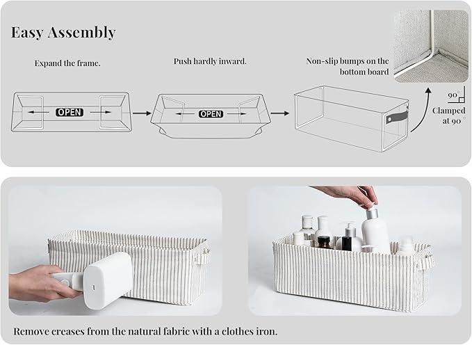 StorageWorks Narrow Storage Bins, Small Basket for Closet and Shelves, Fabric Organizer with Handles, Toilet Paper Storage, Gray and White Stripes, 2-Pack