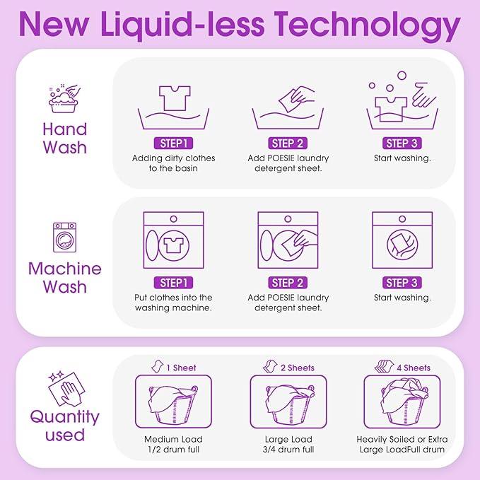 Poesie Laundry Detergent Sheets Lavender Scent 160 Sheets 80 Large Loads Soap Sheets Eco-Friendly Zero Plastic Hypoallergenic Portable Green Package Liquid Less HE Washing Detergent Strips for Save Place Traveling No Waste